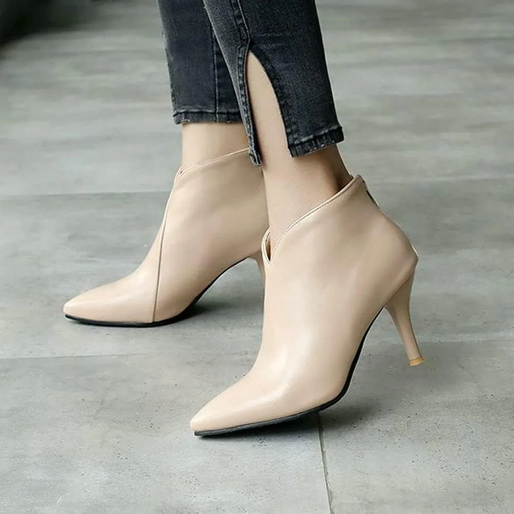 ClassicSter Womens Pointed Toe Stiletto Ankle Boots Front V High Heel Back Zip Booties