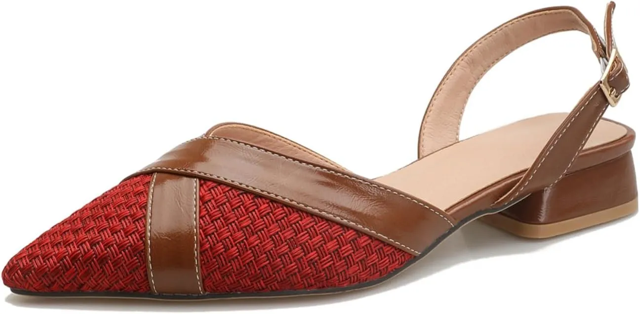Closed Pointed Toe Adjustable Slingback Low Heels for Women, Women's 1 Inch Block Chunky Heel Sandals Pumps with 2 Cross Bands Red Textile Backless Slip On Mules Shoes