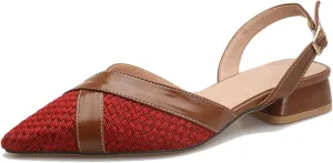 Closed Pointed Toe Adjustable Slingback Low Heels for Women, Women's 1 Inch Block Chunky Heel Sandals Pumps with 2 Cross Bands Red Textile Backless Slip On Mules Shoes