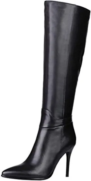 COLETER Women's Leather Knee High Boots Pointy Toe Side-Zip High Heels Dress Boots