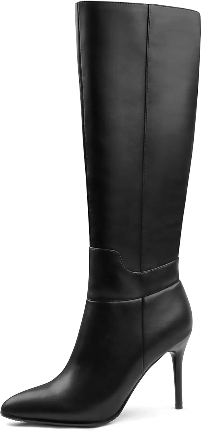 COLETER Women's Leather Knee High Boots Pointy Toe Side-Zip High Heels Dress Boots