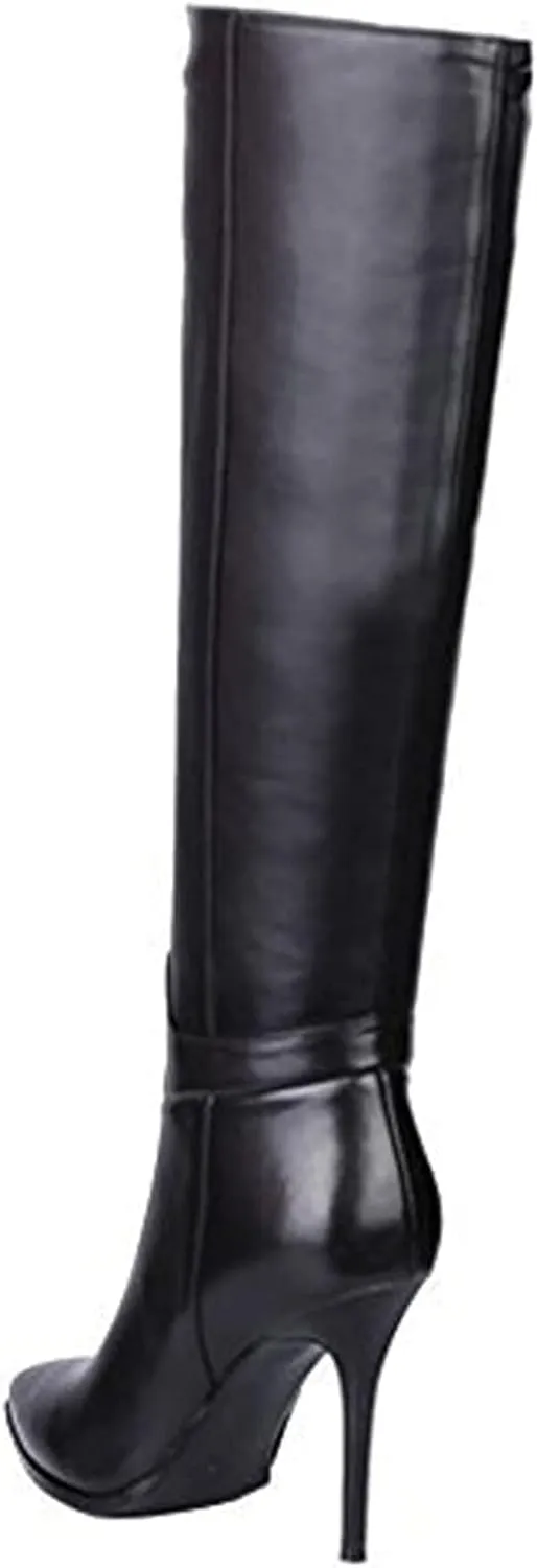 COLETER Women's Leather Knee High Boots Pointy Toe Side-Zip High Heels Dress Boots