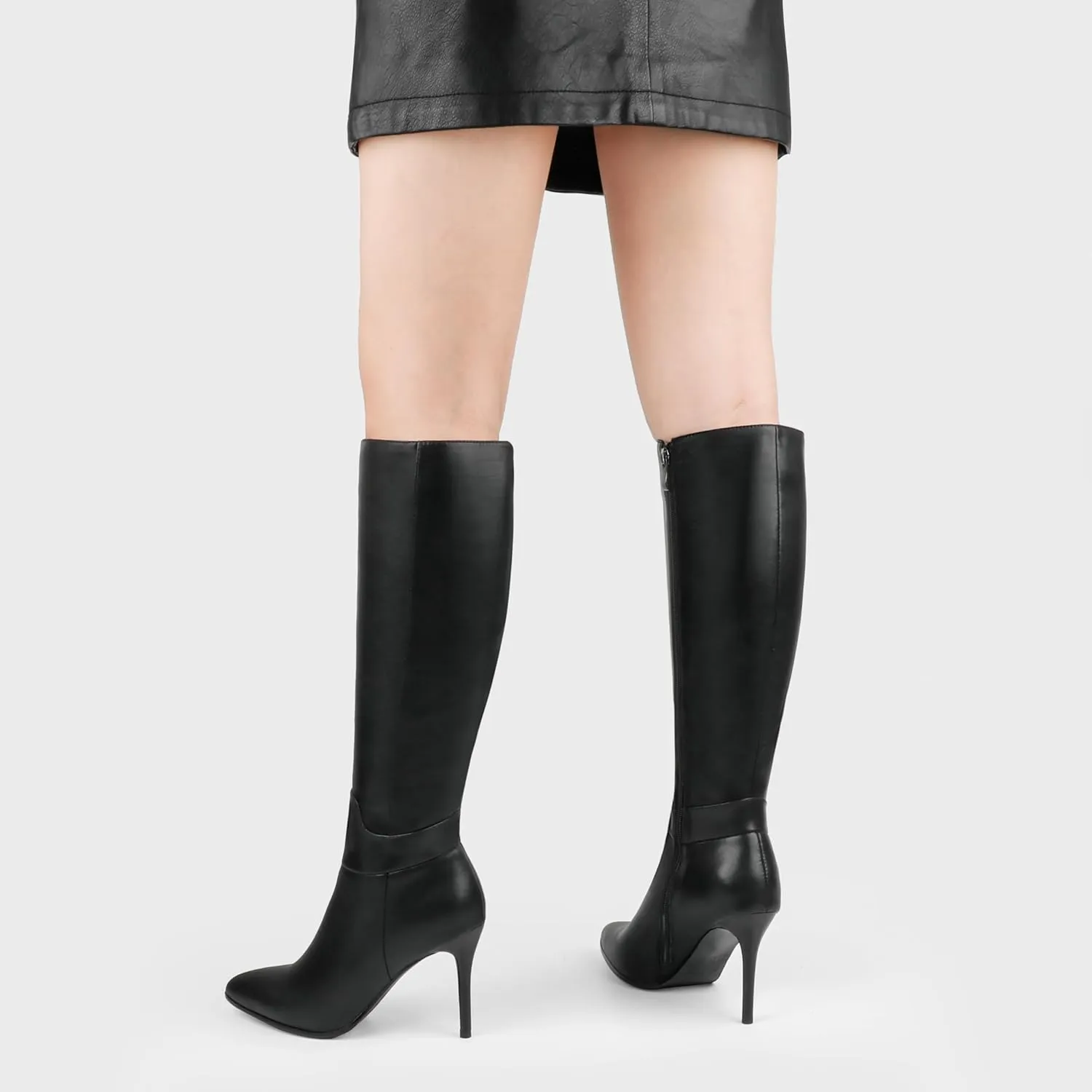 COLETER Women's Leather Knee High Boots Pointy Toe Side-Zip High Heels Dress Boots