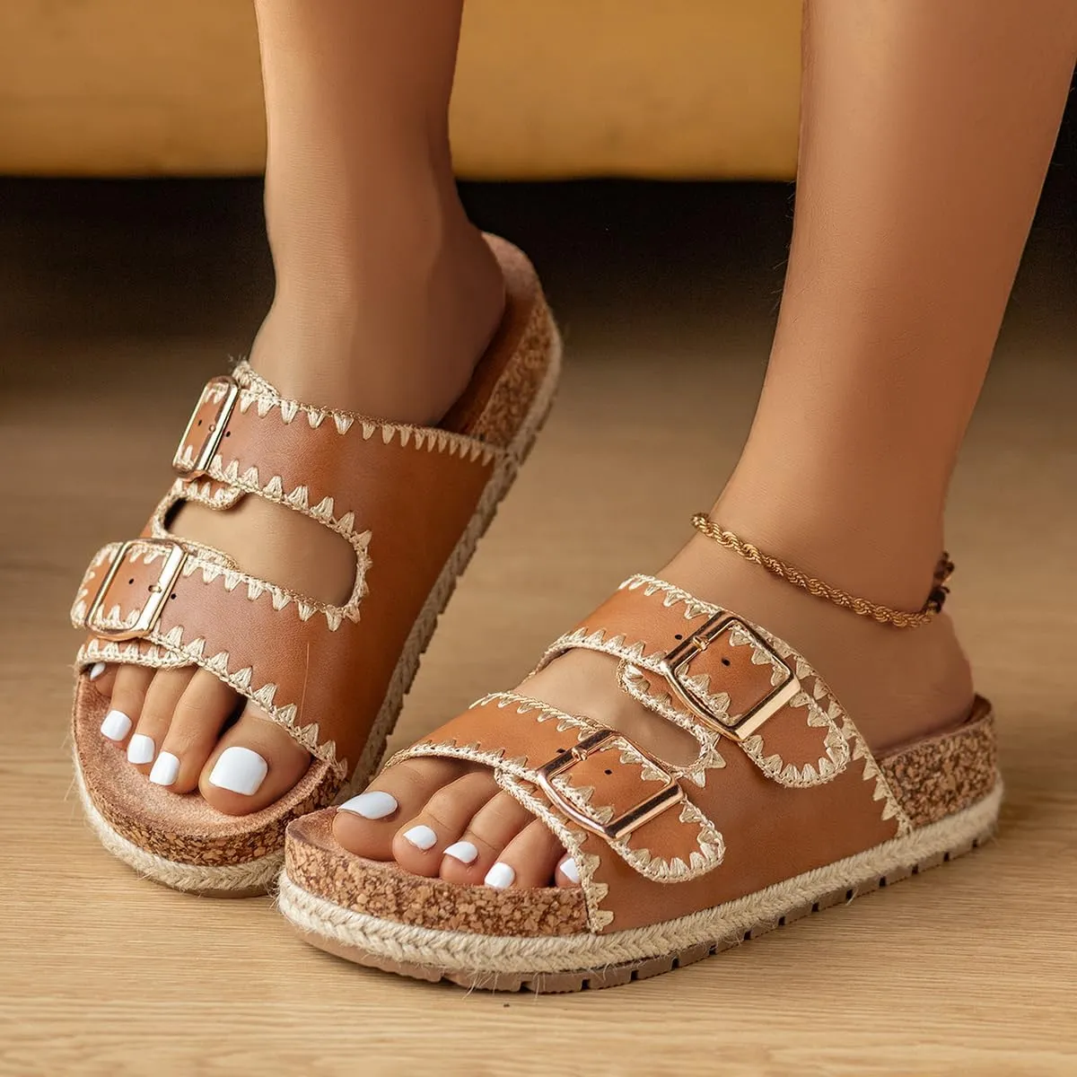 Comfortable Cork Sandals, Women's Open-Toe Slip On Buckle with Arch Support, Beach & Dressy Summer