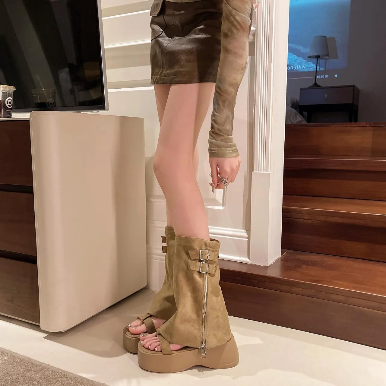 Convertible Platform Sandals to Boots, Suede Ankle Boots with Side Zip