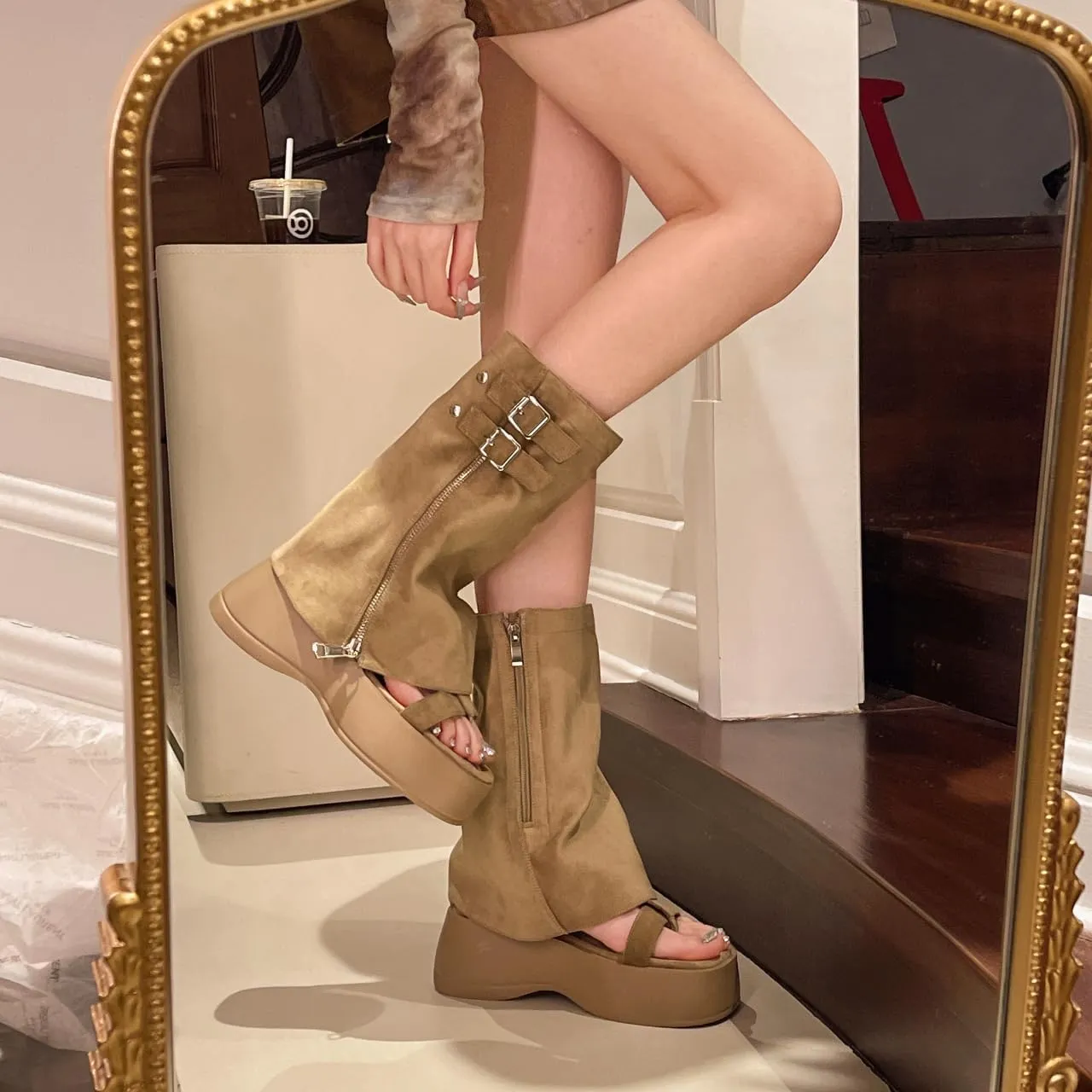 Convertible Platform Sandals to Boots, Suede Ankle Boots with Side Zip