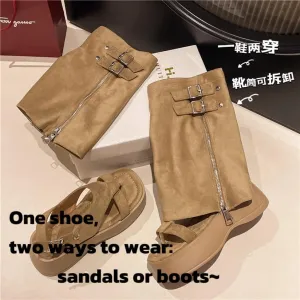 Convertible Platform Sandals to Boots, Suede Ankle Boots with Side Zip