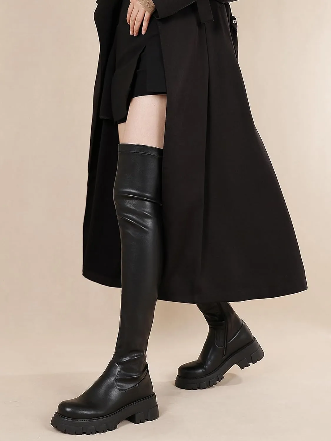 CouieCuies Black Thigh High Boots For Women Platform Over The Knee High Boots Lug Sole Comfortable Stretch Boots 6-11