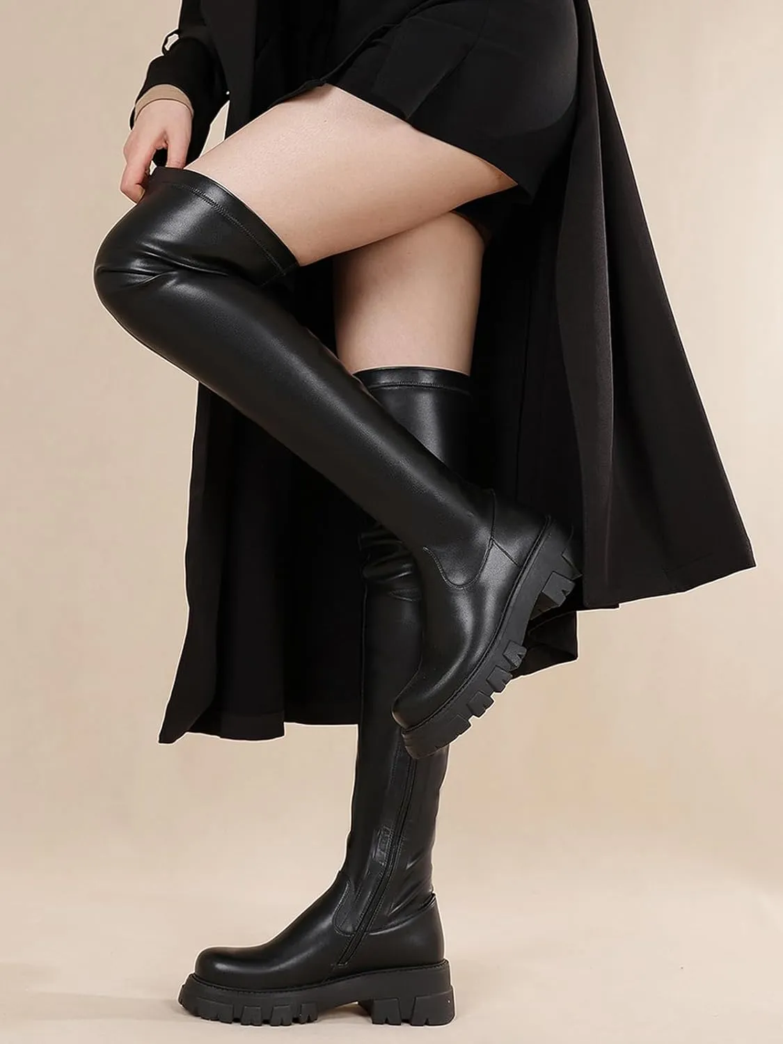 CouieCuies Black Thigh High Boots For Women Platform Over The Knee High Boots Lug Sole Comfortable Stretch Boots 6-11