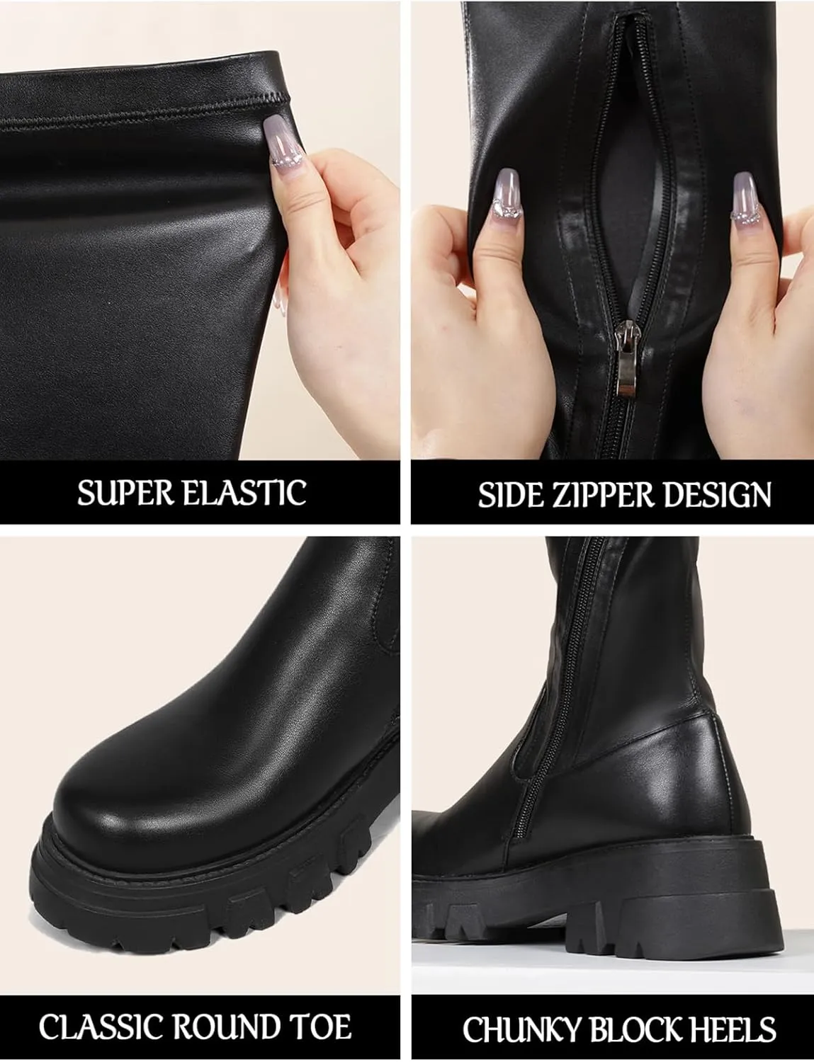 CouieCuies Black Thigh High Boots For Women Platform Over The Knee High Boots Lug Sole Comfortable Stretch Boots 6-11