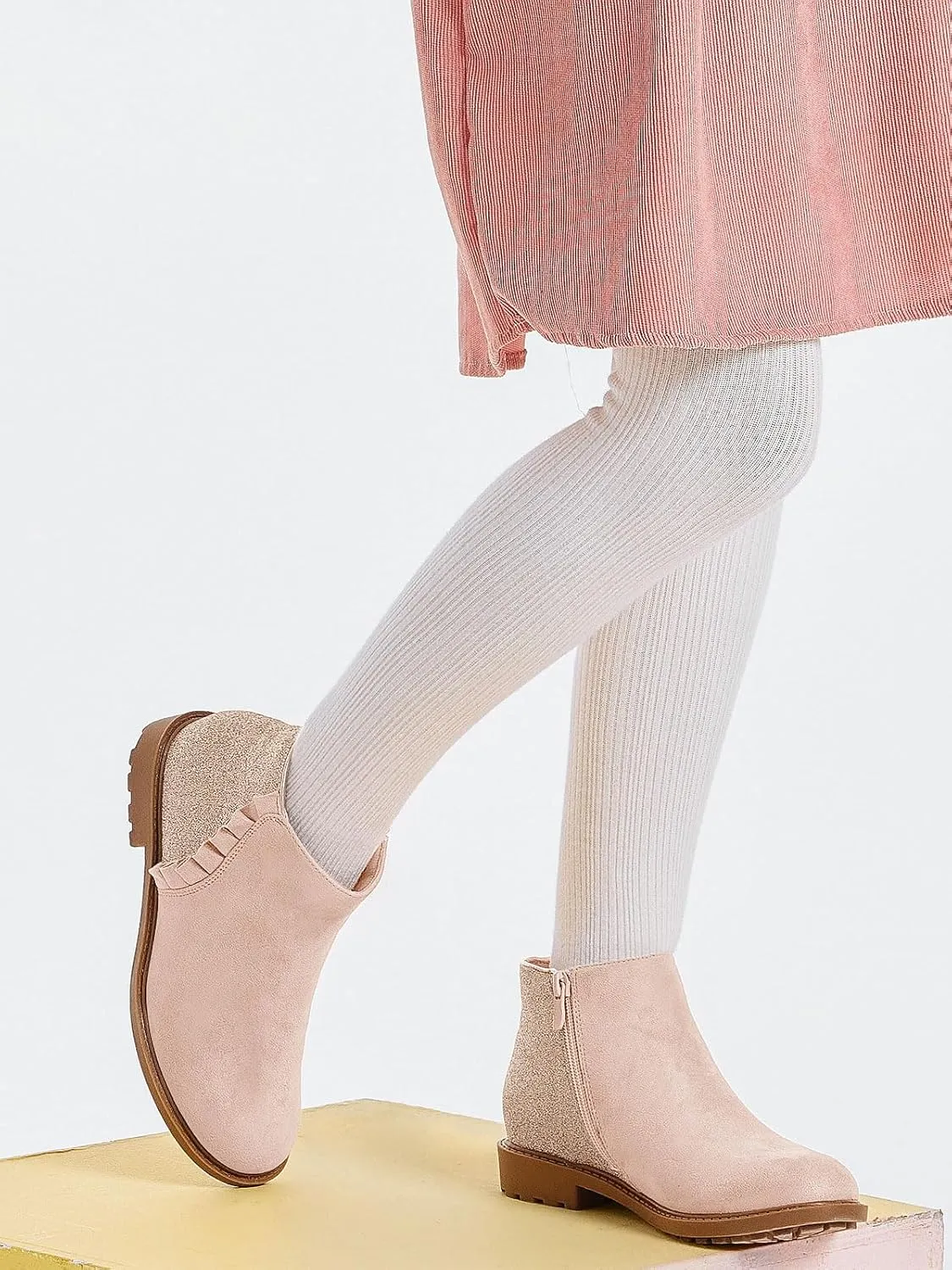 Coutgo Girls Glitter Ankle Boots Kids Ruffle Dress Booties Fashion Chunky Side Zip Casual Shoes