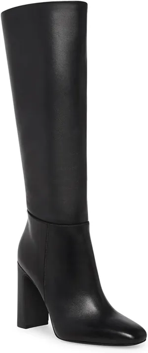 Coutgo Women's Chunky Heeled Knee High Boots Classic Leather Square Toe Zippered Tall Boot
