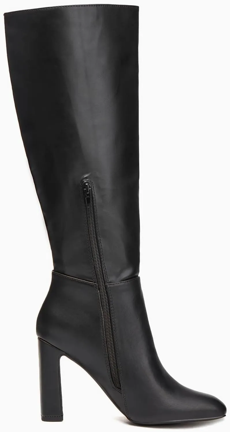 Coutgo Women's Chunky Heeled Knee High Boots Classic Leather Square Toe Zippered Tall Boot