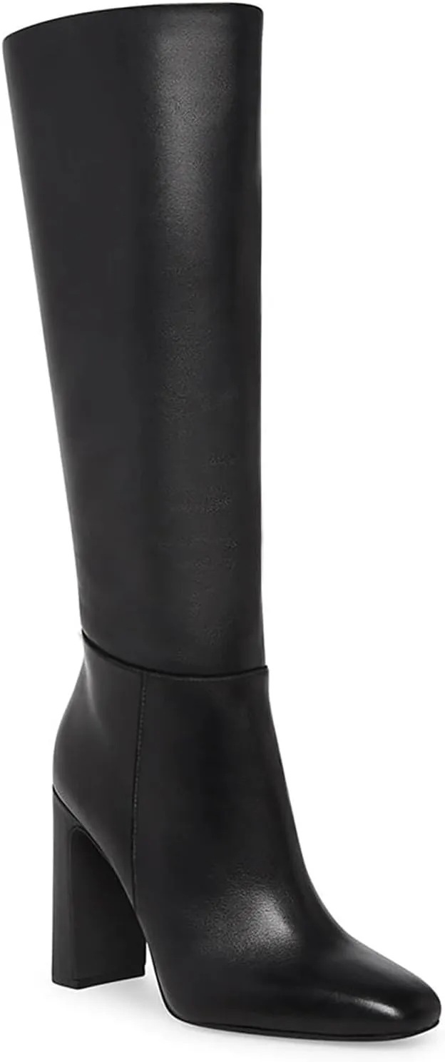 Coutgo Women's Chunky Heeled Knee High Boots Classic Leather Square Toe Zippered Tall Boot