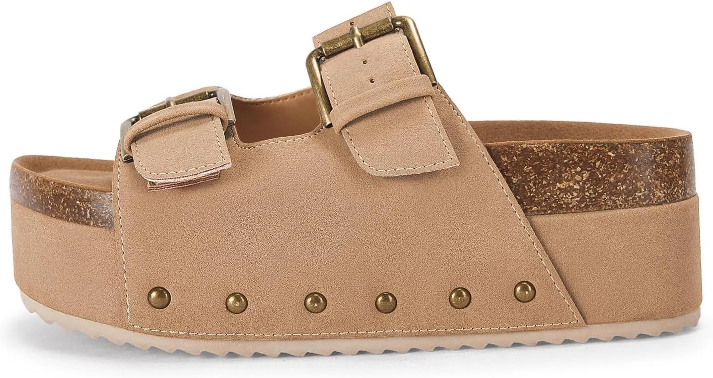Coutgo Women's Cork Platform Sandals Slip on Mules and Clogs Double Buckle Straps Summer Shoes
