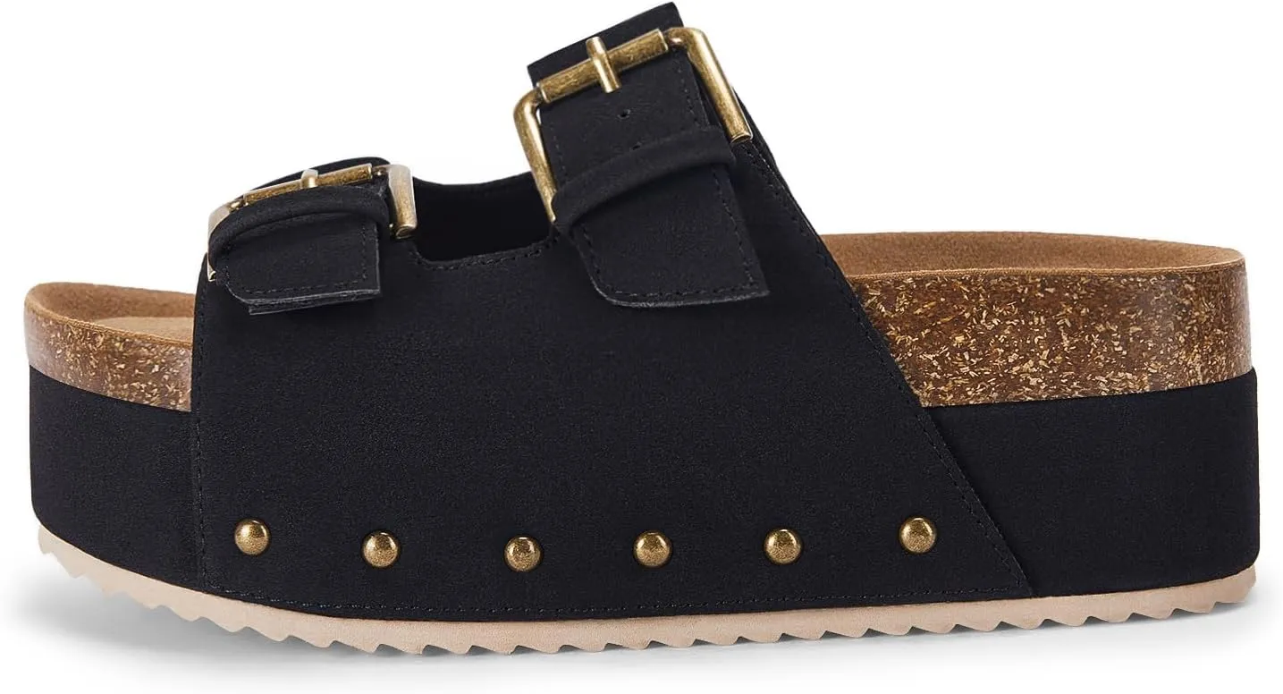 Coutgo Women's Cork Platform Sandals Slip on Mules and Clogs Double Buckle Straps Summer Shoes