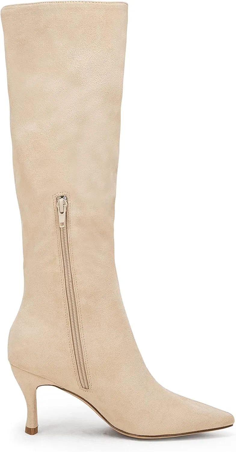 Coutgo Womens Knee High Boots Pointed Toe Kitten Heel Side Zipper Stretchy Vegan Suede Comfort Fall Winter Boot