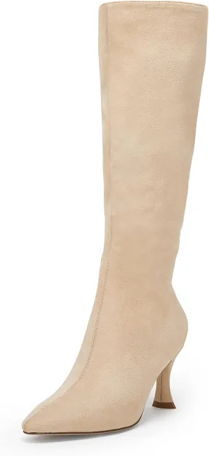 Coutgo Womens Knee High Boots Pointed Toe Kitten Heel Side Zipper Stretchy Vegan Suede Comfort Fall Winter Boot