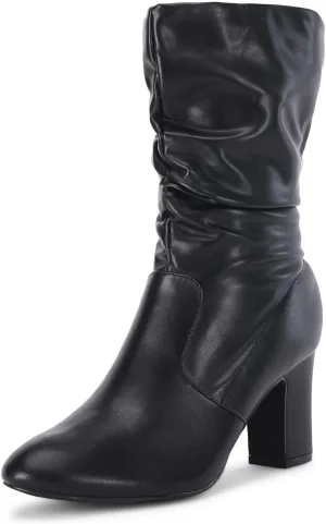 Coutgo Women's Mid Calf Slouchy Boots Suede High Heel Zip Stacked Chunky Block Round Toe Booties