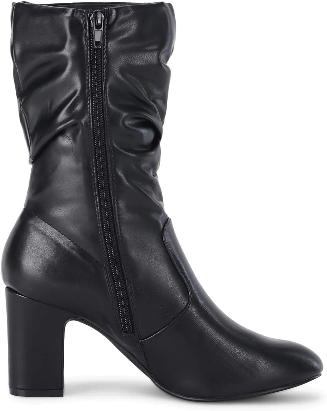 Coutgo Women's Mid Calf Slouchy Boots Suede High Heel Zip Stacked Chunky Block Round Toe Booties