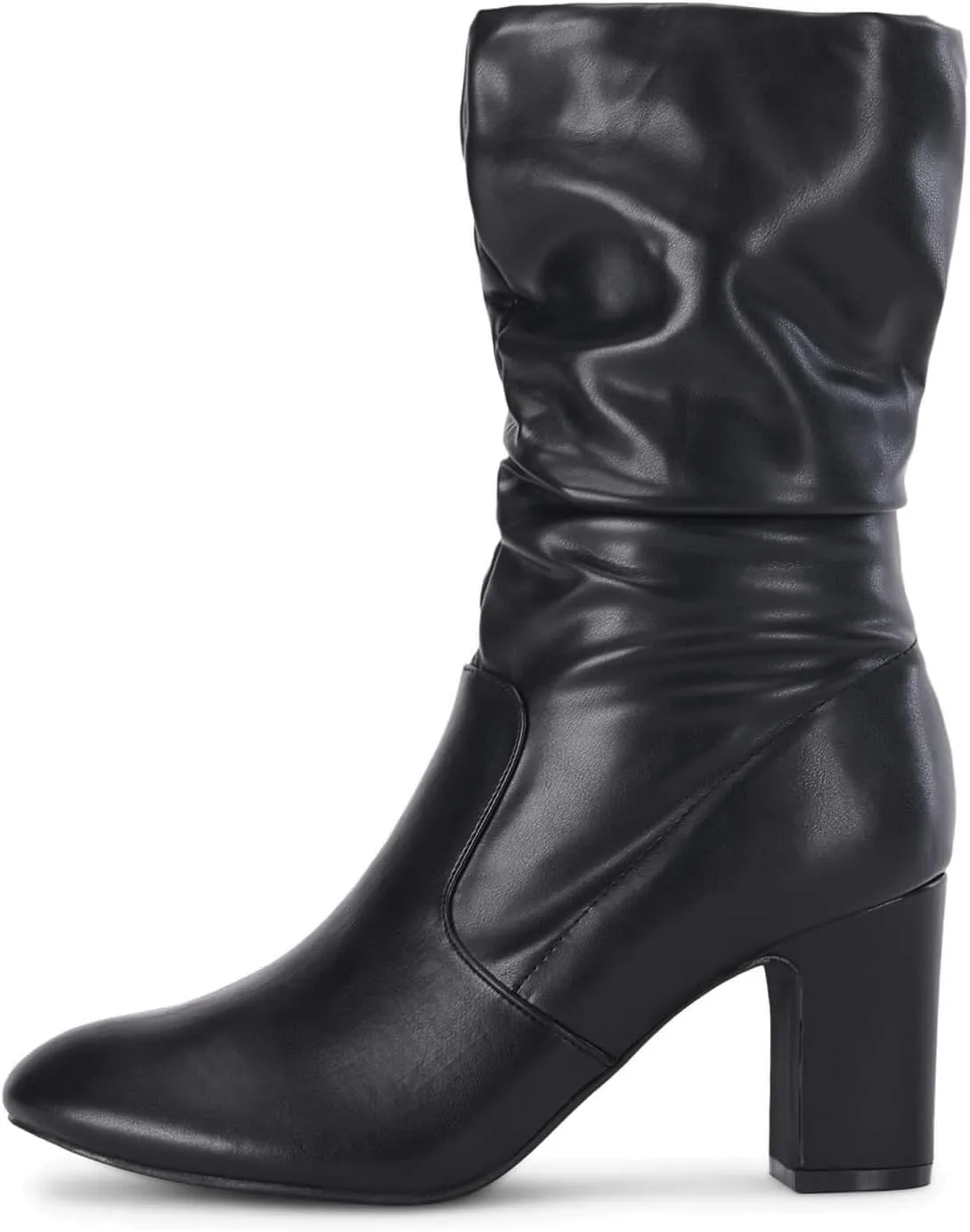 Coutgo Women's Mid Calf Slouchy Boots Suede High Heel Zip Stacked Chunky Block Round Toe Booties