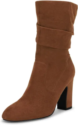 Coutgo Women's Mid Calf Slouchy Boots Suede High Heel Zip Stacked Chunky Block Round Toe Booties