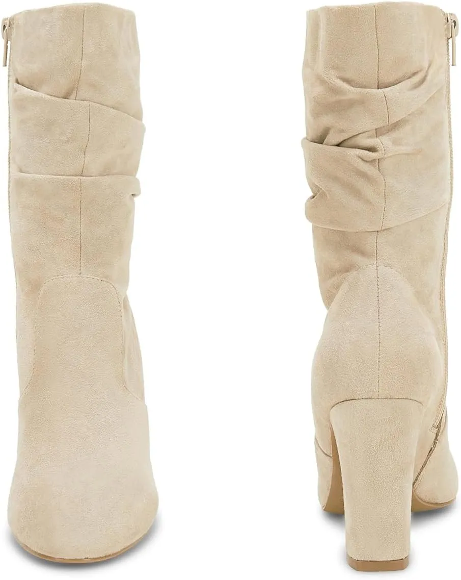 Coutgo Women's Mid Calf Slouchy Boots Suede High Heel Zip Stacked Chunky Block Round Toe Booties