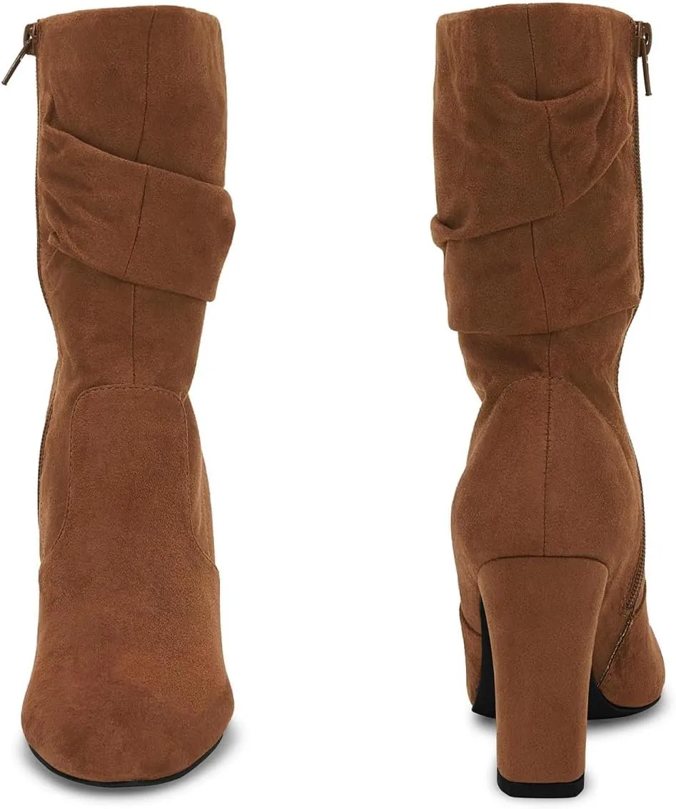 Coutgo Women's Mid Calf Slouchy Boots Suede High Heel Zip Stacked Chunky Block Round Toe Booties