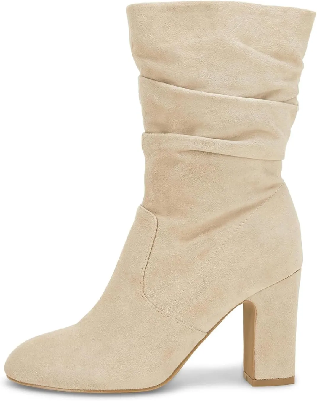 Coutgo Women's Mid Calf Slouchy Boots Suede High Heel Zip Stacked Chunky Block Round Toe Booties