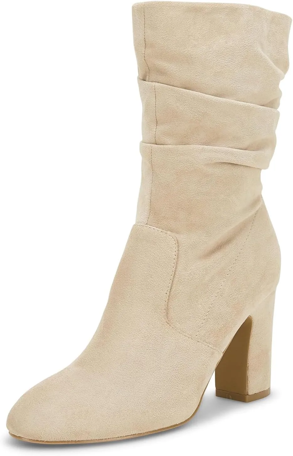 Coutgo Women's Mid Calf Slouchy Boots Suede High Heel Zip Stacked Chunky Block Round Toe Booties
