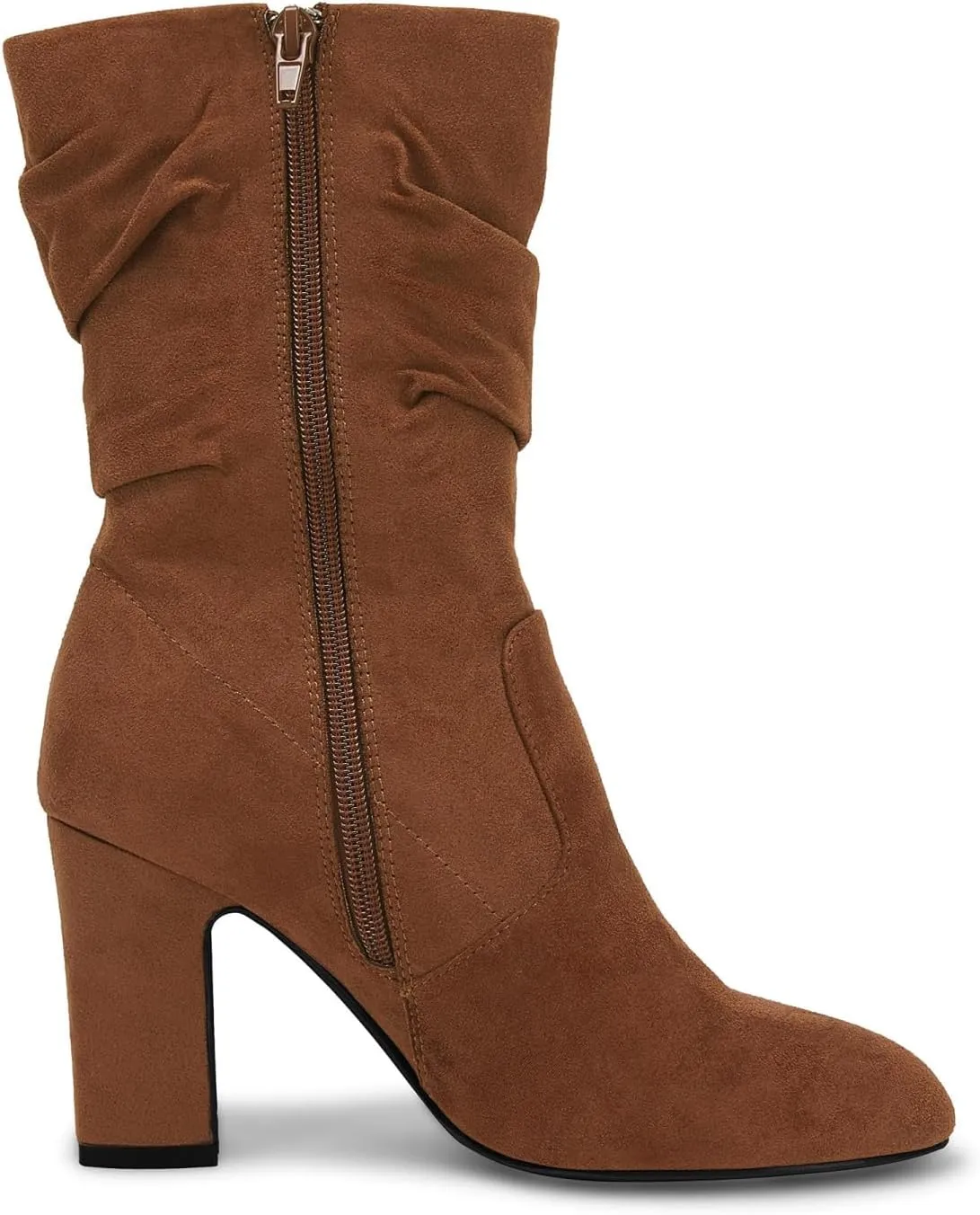 Coutgo Women's Mid Calf Slouchy Boots Suede High Heel Zip Stacked Chunky Block Round Toe Booties