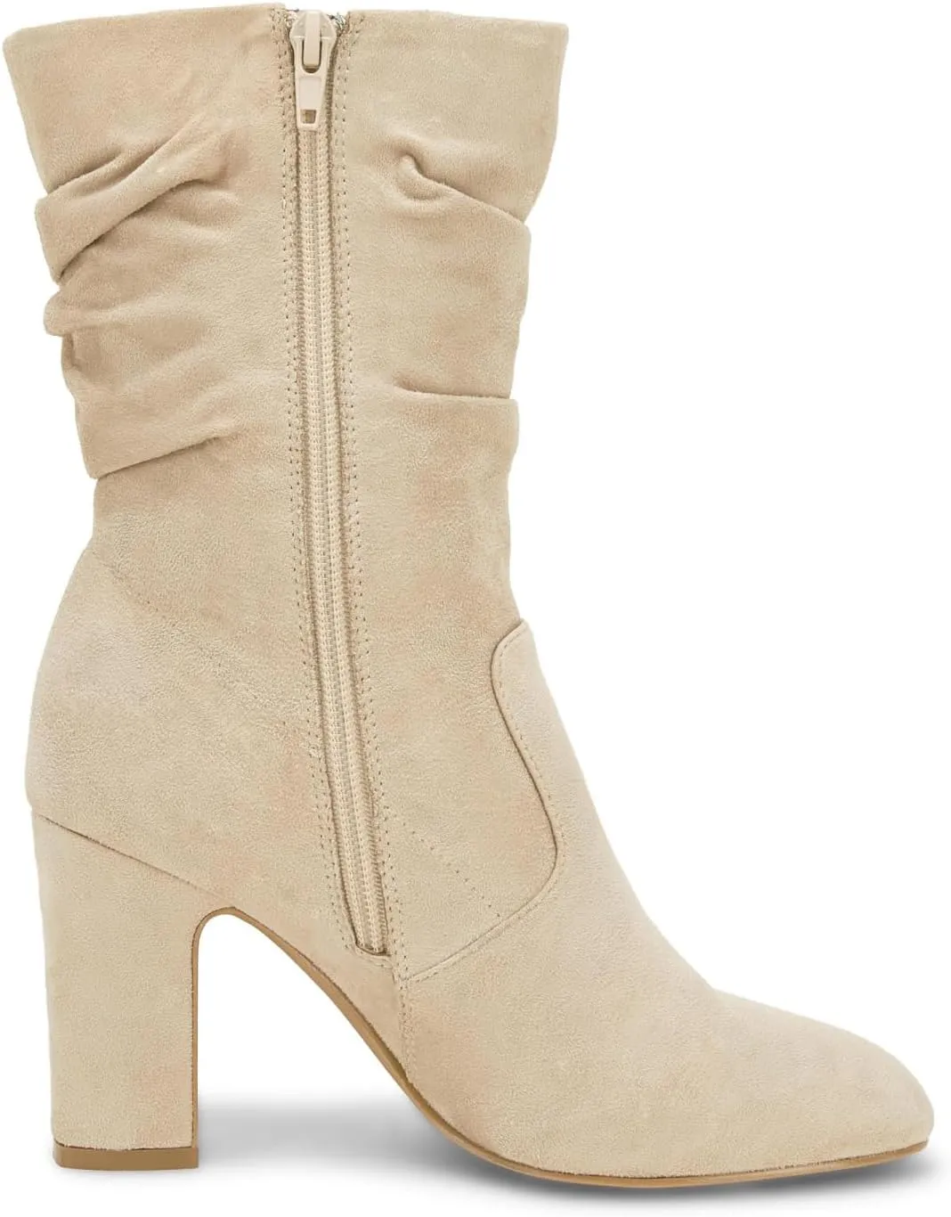 Coutgo Women's Mid Calf Slouchy Boots Suede High Heel Zip Stacked Chunky Block Round Toe Booties