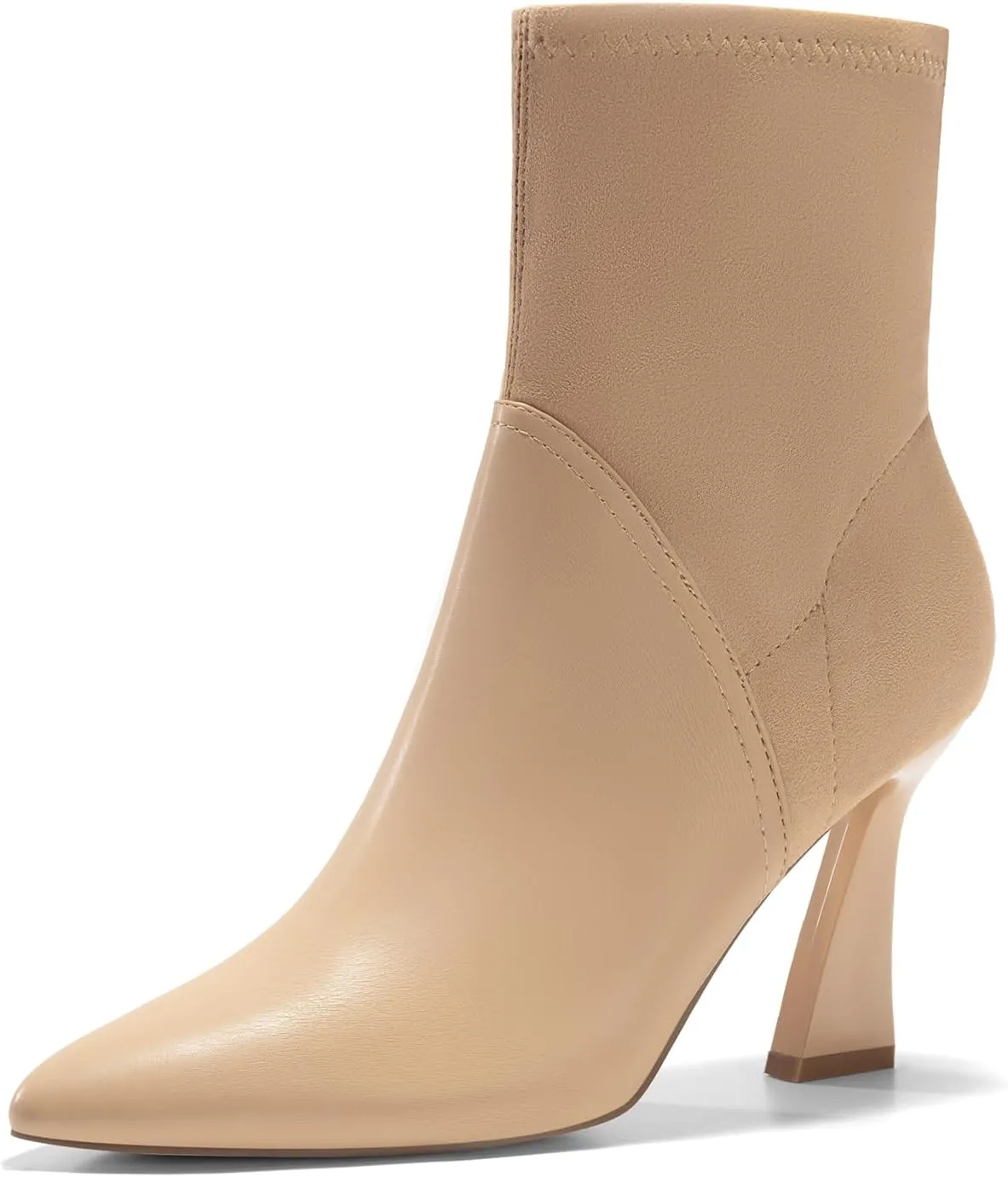 Coutgo Women's Pointed Toe High Heel Ankle Boots Patent Faux Leather Suede Splicing Slip On Fashion Booties