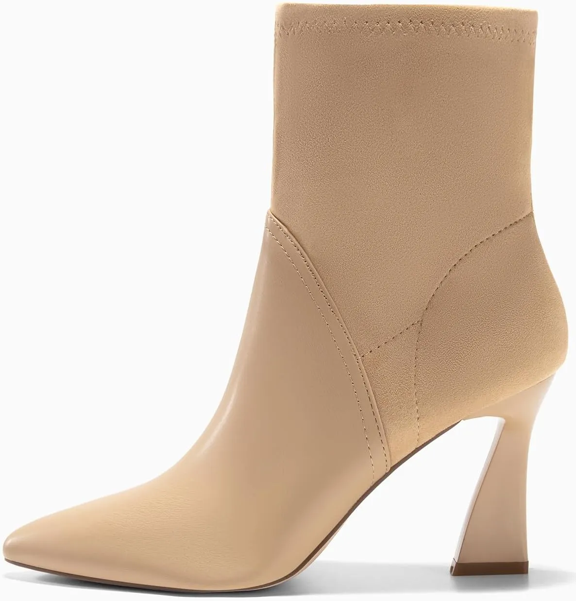 Coutgo Women's Pointed Toe High Heel Ankle Boots Patent Faux Leather Suede Splicing Slip On Fashion Booties