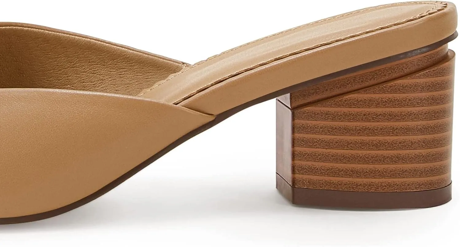 Coutgo Womens Pointed Toe V Cut Mules Chunky Block Heels Slip On Clogs Fashion Office Slides Shoes