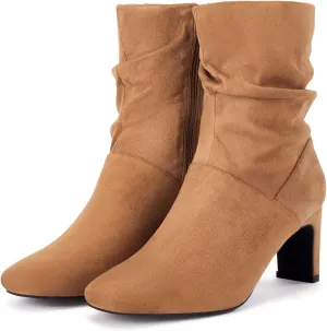 Coutgo Women's Slouch Mid Calf Boots Chunky Heel Square Toe Zip Up Fall Fashion Booties Shoes