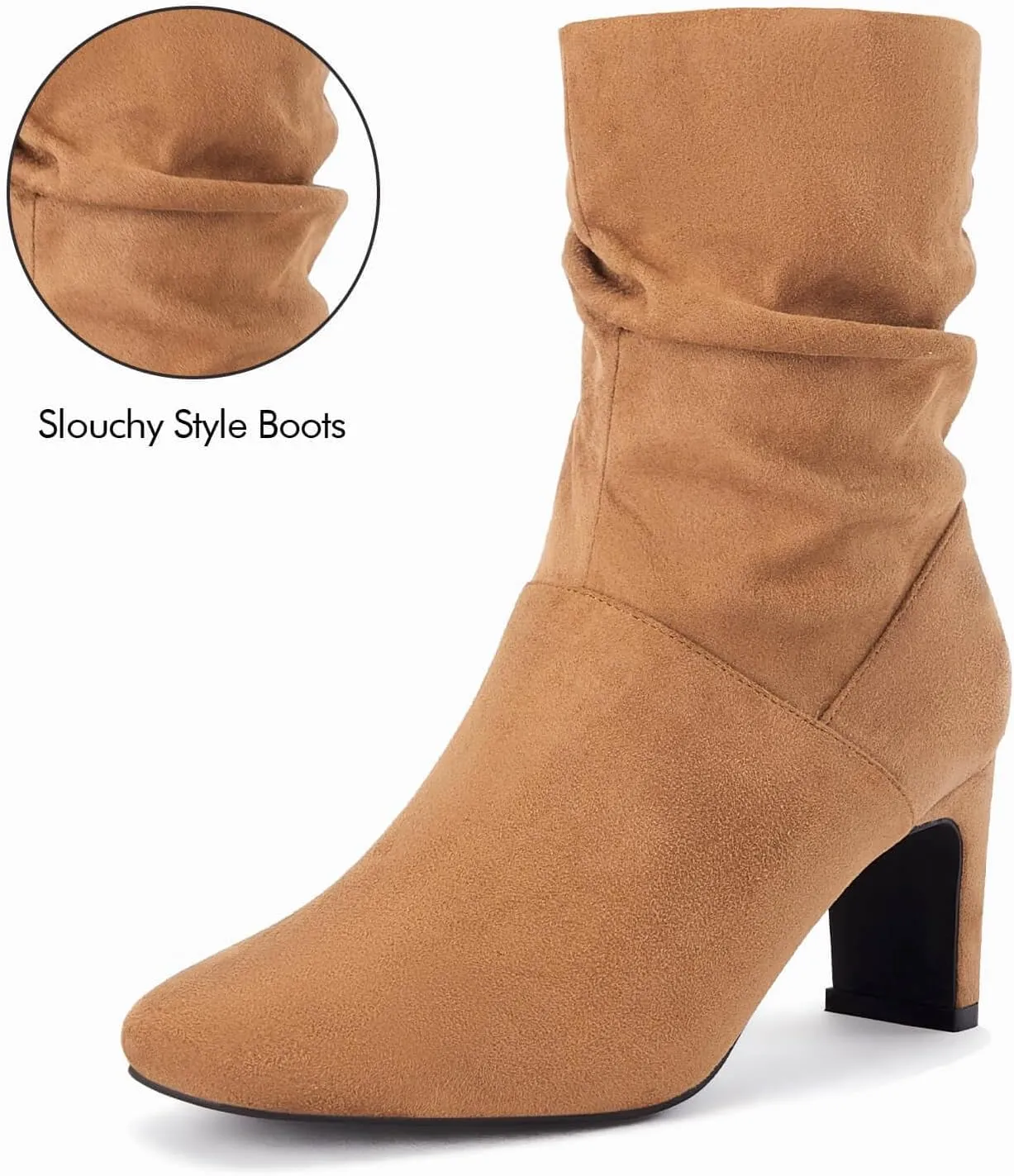Coutgo Women's Slouch Mid Calf Boots Chunky Heel Square Toe Zip Up Fall Fashion Booties Shoes