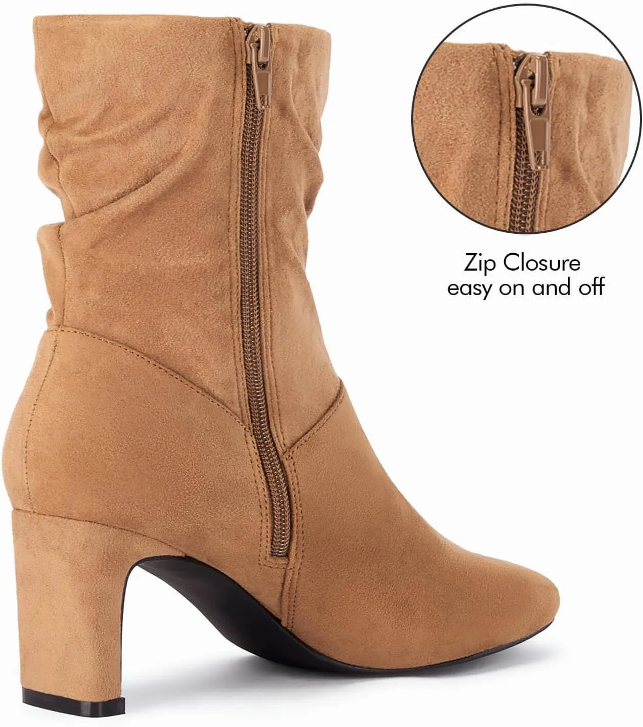 Coutgo Women's Slouch Mid Calf Boots Chunky Heel Square Toe Zip Up Fall Fashion Booties Shoes