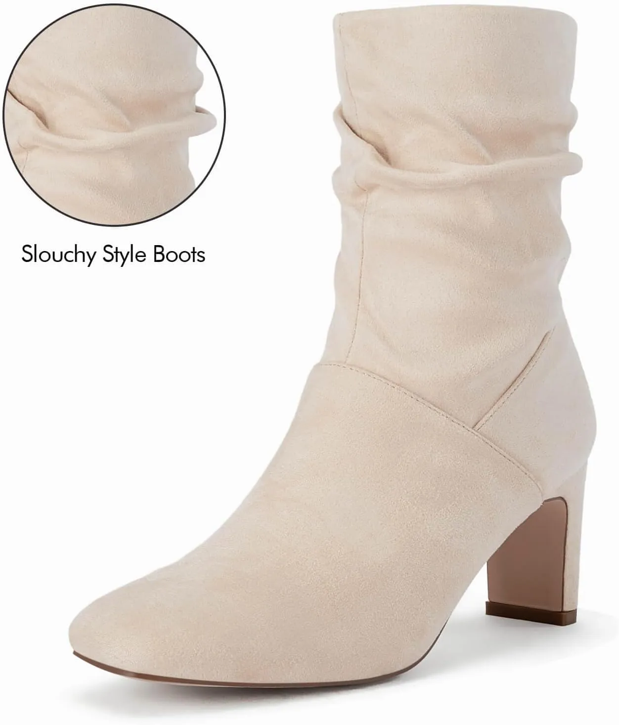 Coutgo Women's Slouch Mid Calf Boots Chunky Heel Square Toe Zip Up Fall Fashion Booties Shoes