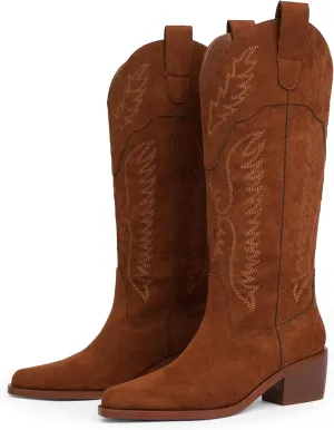 Cowboy Boots for Women Mid Calf Womens Cowgirl Boots for Girls Pointed Toe Slip on Chunky Heel Western Boot