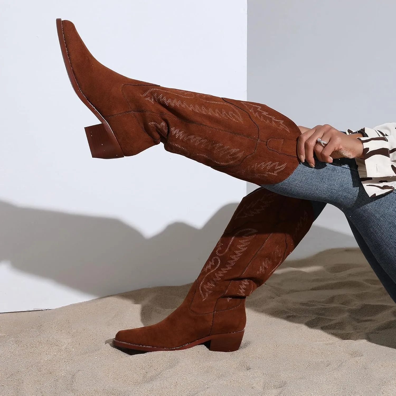 Cowboy Boots for Women Mid Calf Womens Cowgirl Boots for Girls Pointed Toe Slip on Chunky Heel Western Boot