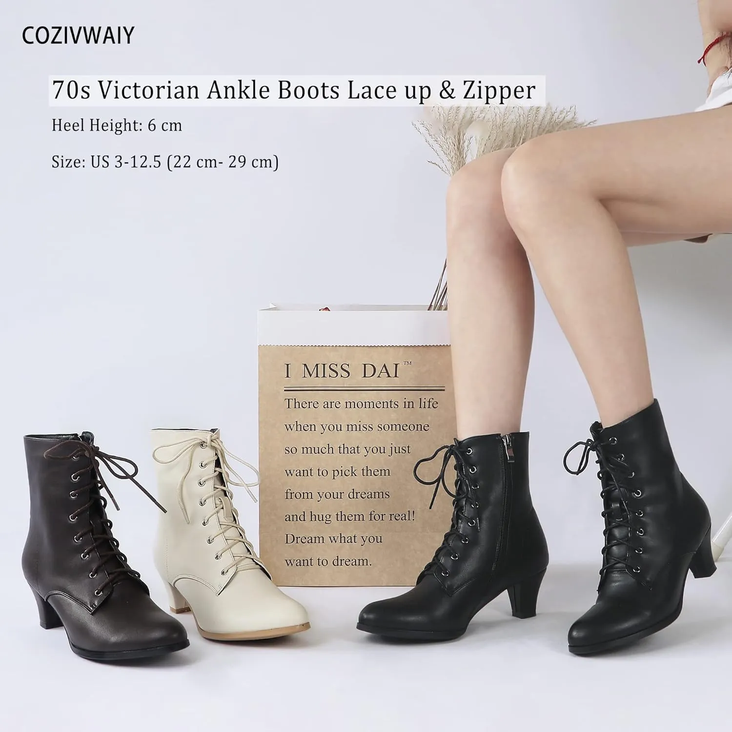 Cozivwaiy Women Vintage Victorian Boots 70s Lace up Ankle Boots Mid Heel Witch Granny Booties Costume Shoes Cone Heel Zipper Almond Toe
