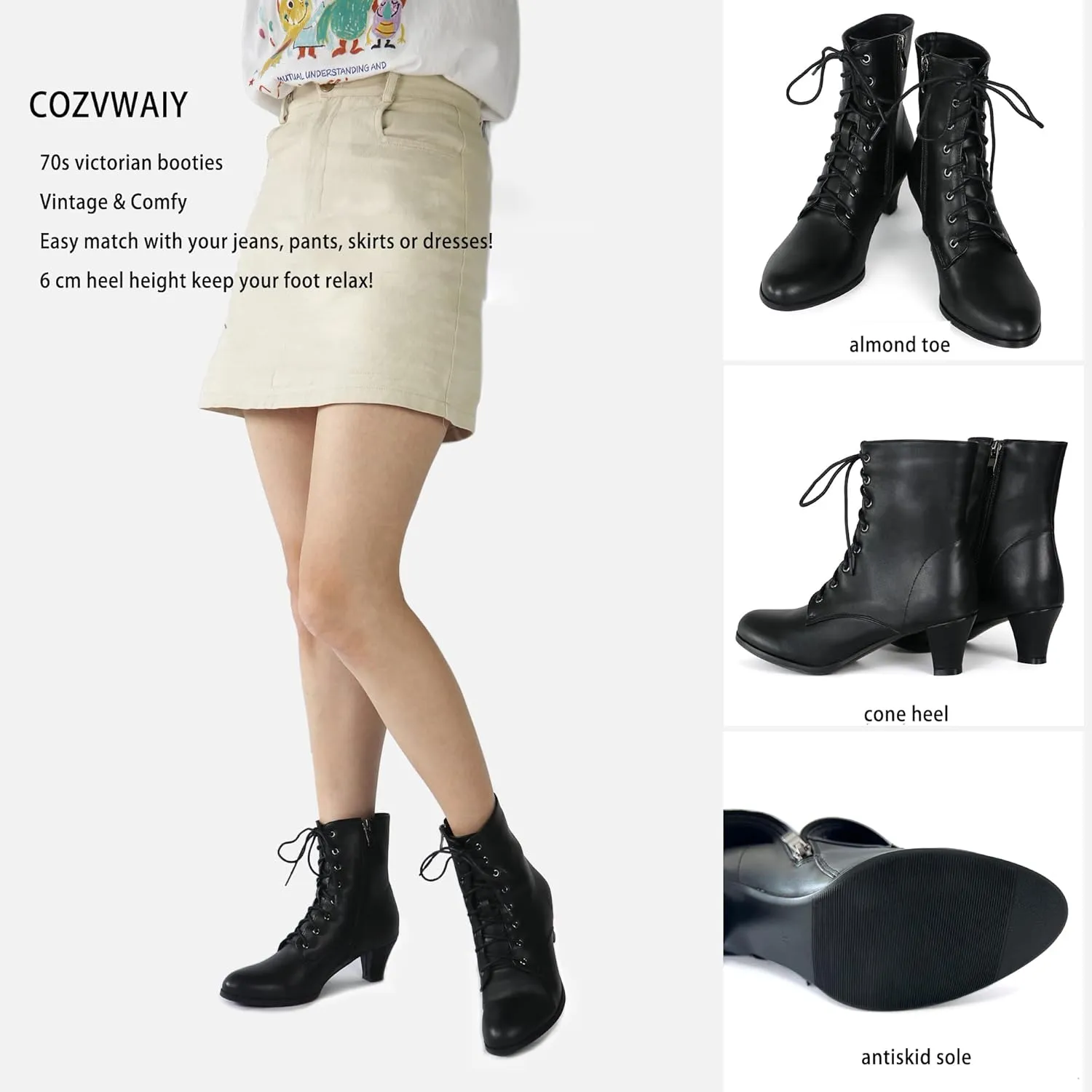 Cozivwaiy Women Vintage Victorian Boots 70s Lace up Ankle Boots Mid Heel Witch Granny Booties Costume Shoes Cone Heel Zipper Almond Toe