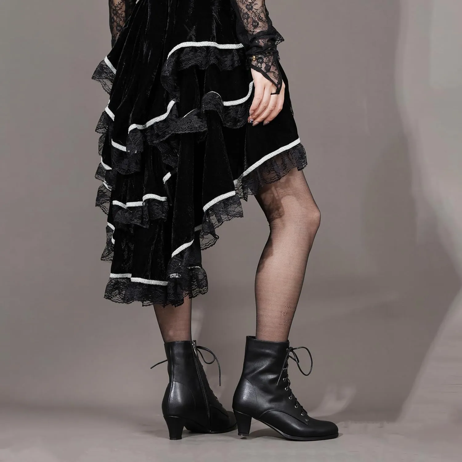 Cozivwaiy Women Vintage Victorian Boots 70s Lace up Ankle Boots Mid Heel Witch Granny Booties Costume Shoes Cone Heel Zipper Almond Toe