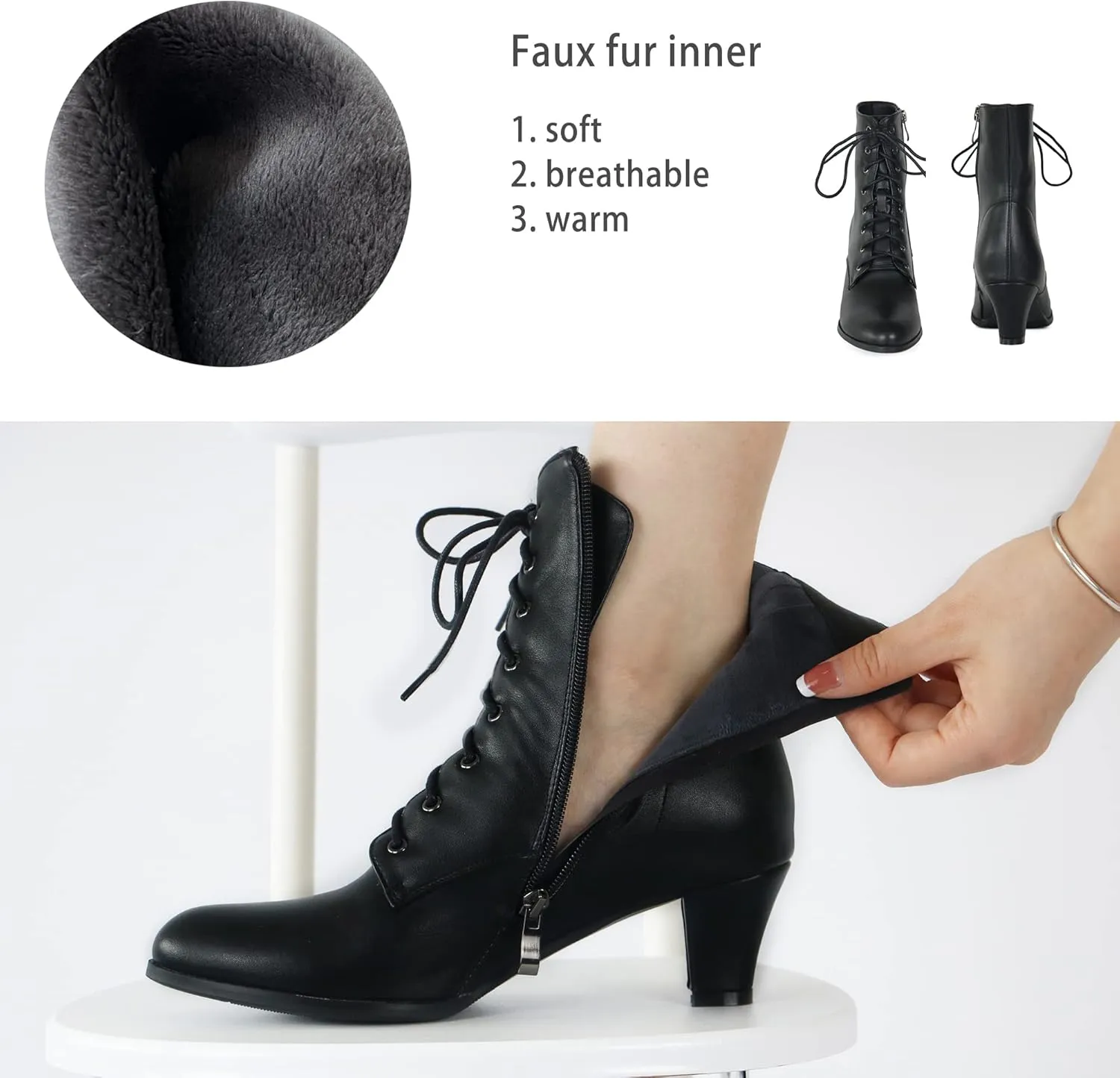 Cozivwaiy Women Vintage Victorian Boots 70s Lace up Ankle Boots Mid Heel Witch Granny Booties Costume Shoes Cone Heel Zipper Almond Toe