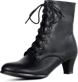 Cozivwaiy Women Vintage Victorian Boots 70s Lace up Ankle Boots Mid Heel Witch Granny Booties Costume Shoes Cone Heel Zipper Almond Toe