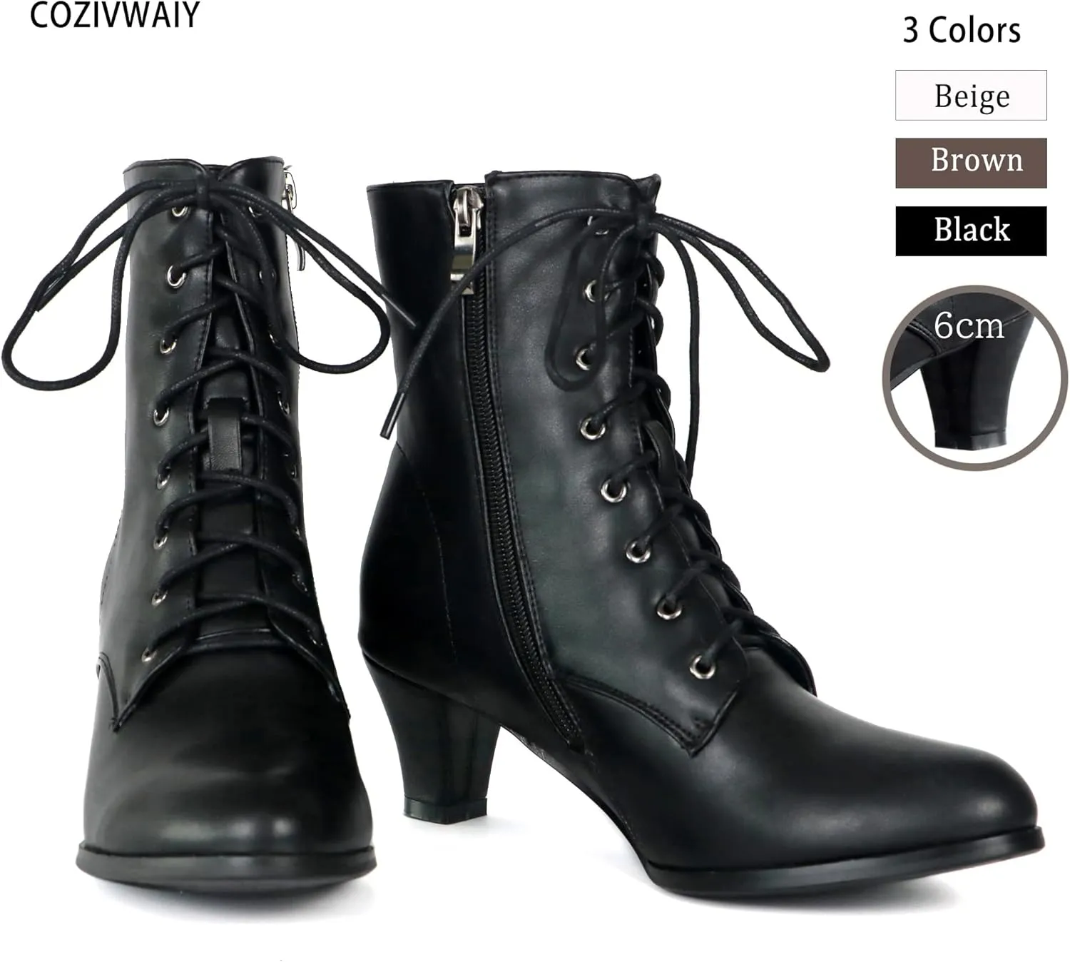 Cozivwaiy Women Vintage Victorian Boots 70s Lace up Ankle Boots Mid Heel Witch Granny Booties Costume Shoes Cone Heel Zipper Almond Toe