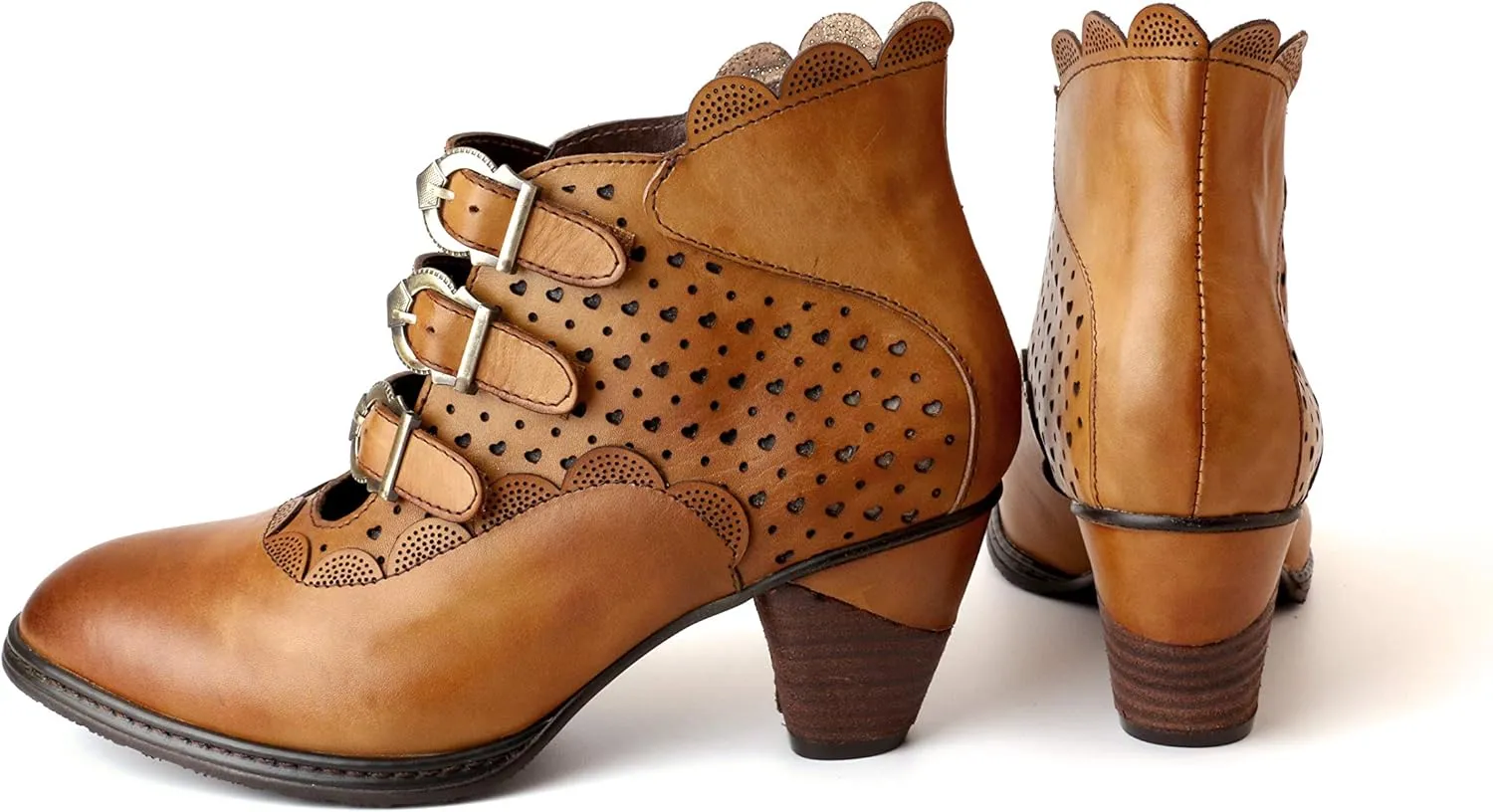 CrazycatZ Women Leather Pumps Shoes, Leather Vintage Gothic Mid Boots Shoes Hollow Leather Shoes