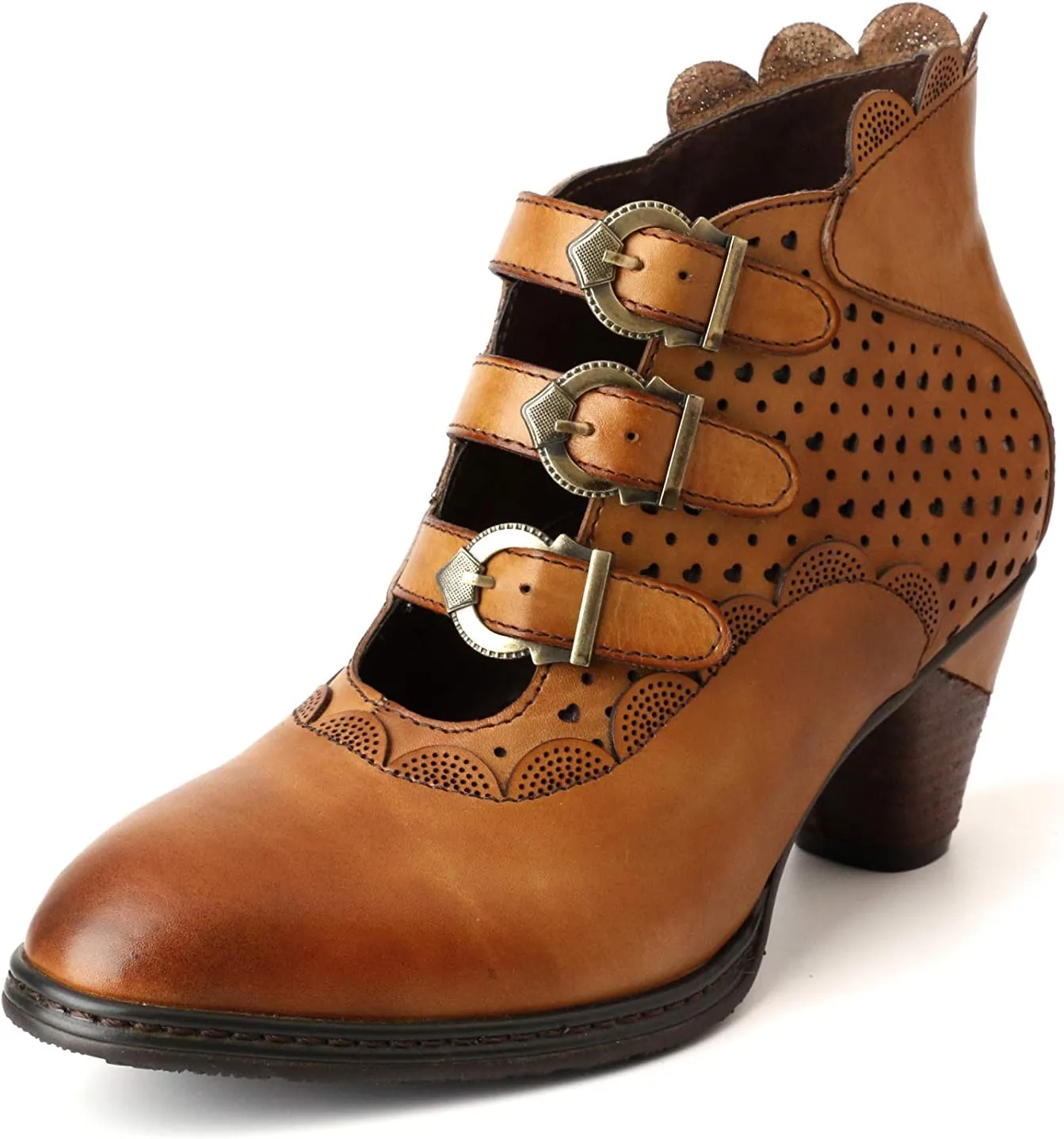 CrazycatZ Women Leather Pumps Shoes, Leather Vintage Gothic Mid Boots Shoes Hollow Leather Shoes