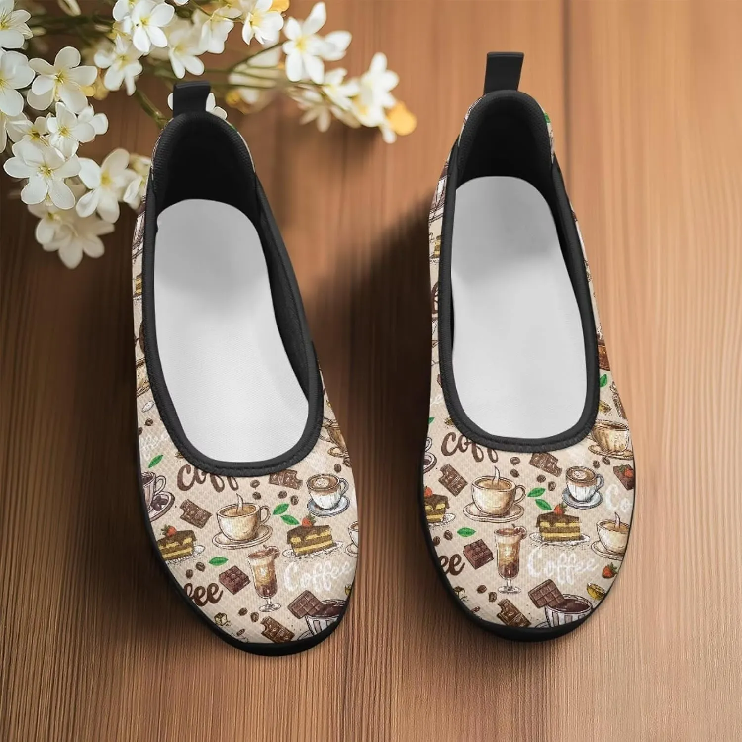 Creative Desserts Print Womens Ballet Flats Dress Shoes Fit Comfort Slip On Ballerina Platform Loafers Lightweight Mesh Soft Casual Sneakers Daily Wear